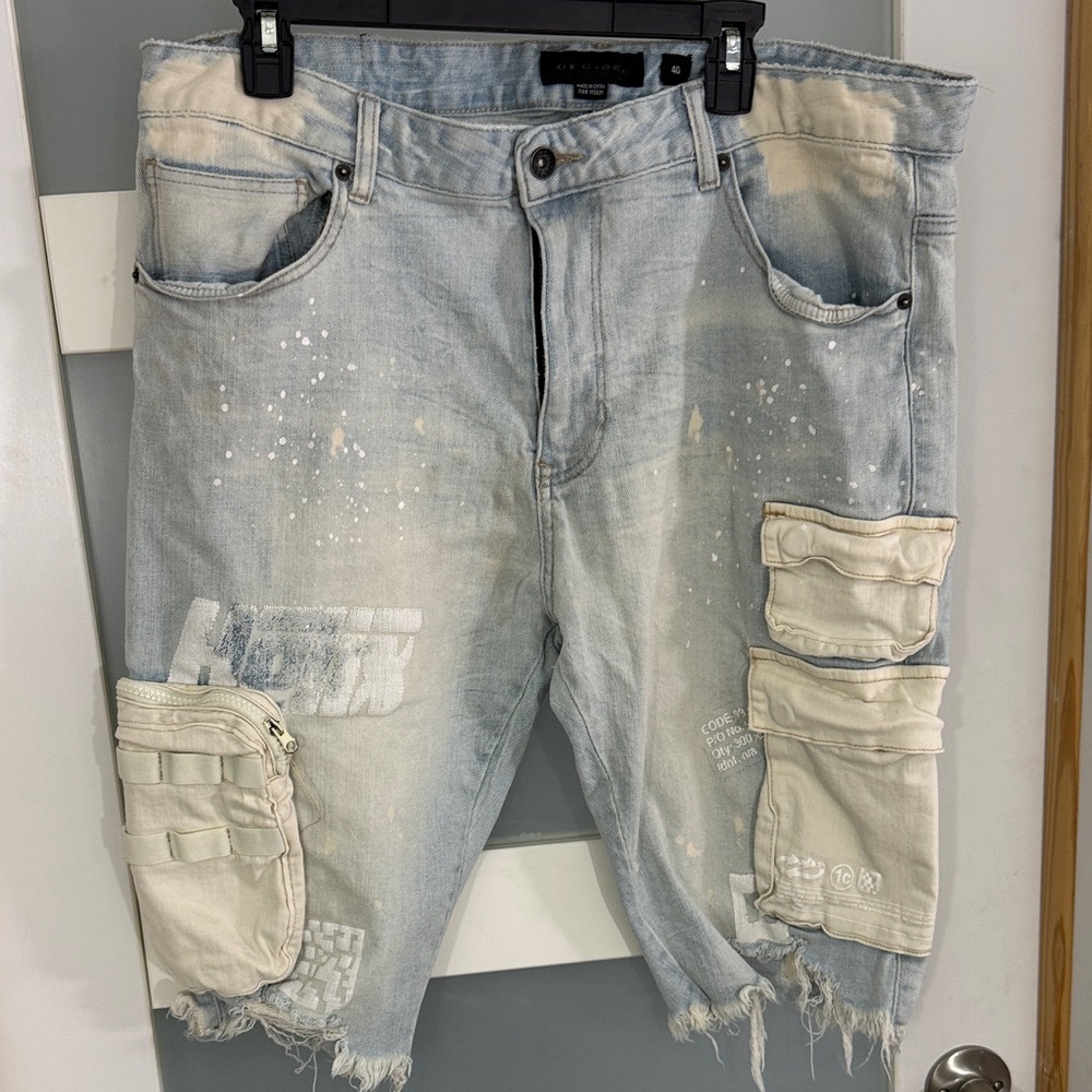 Light Blue Distressed Cargo Denim Shorts with Cream Utility Pockets